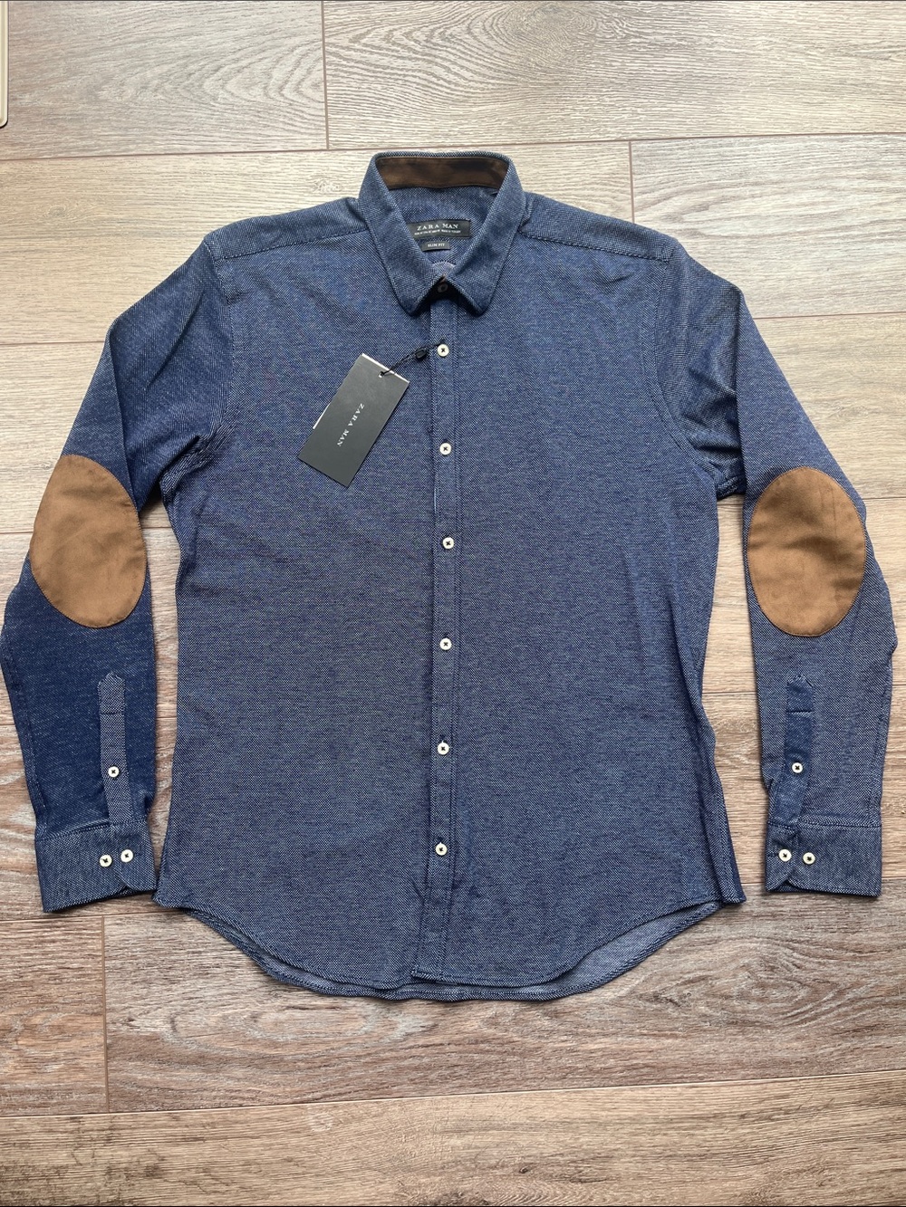 Zara Men Navy Button-Down Shirt with Brown Elbow Patches